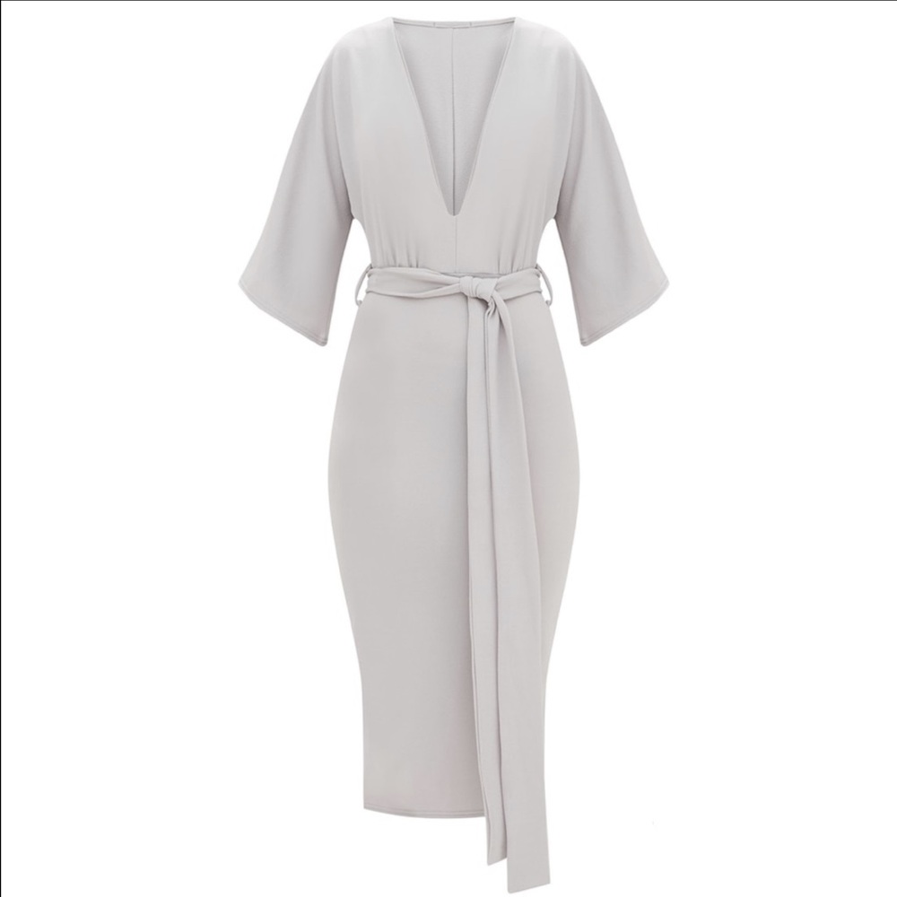 Ice Grey Kimono Sleeve Tie Waist Midi Dress - Picture 4 of 6